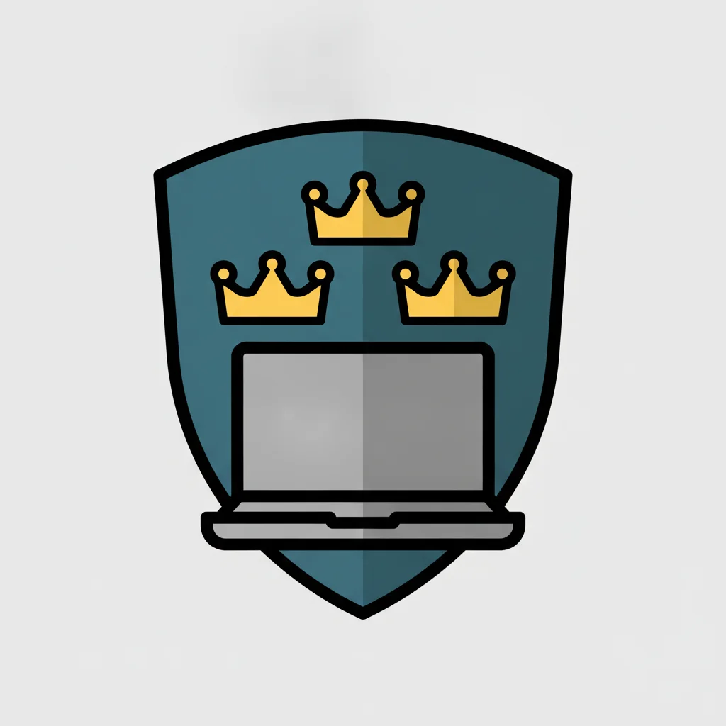En sköld med tre kronor som skyddar en bärbar dator, symbol för svensk licens och säkerhet.